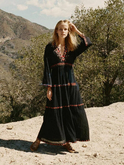 Zwarte Bohemien Maxi Kanten Jurk voor Elegante Stijl