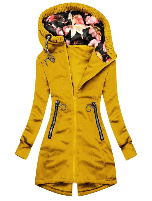 Stijlvolle jas met hoge kraag, gebloemde capuchon en ritszak voor vrouwen, ideaal voor de winter
