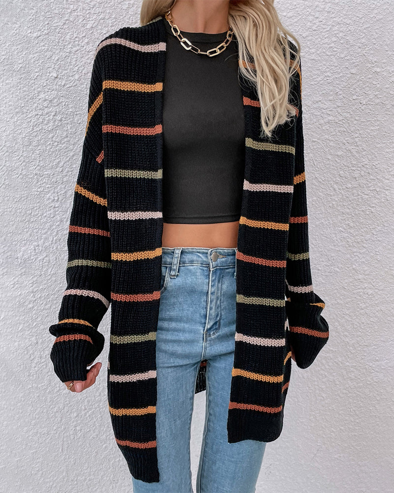 Stijlvol lang gestreept zwart gebreid gilet met losse schouders voor dames | Ideaal voor herfst/winter