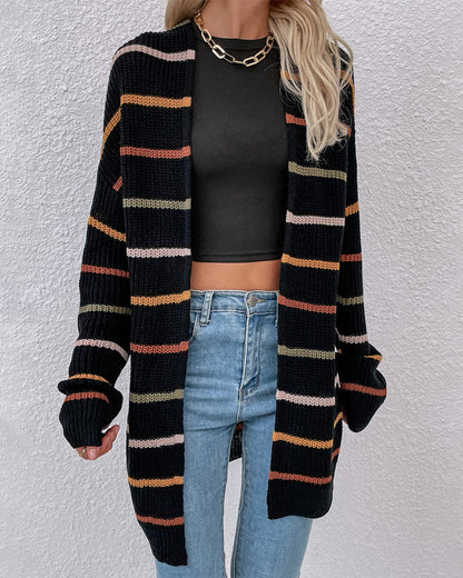 Stijlvol lang gestreept zwart gebreid gilet met losse schouders voor dames | Ideaal voor herfst/winter