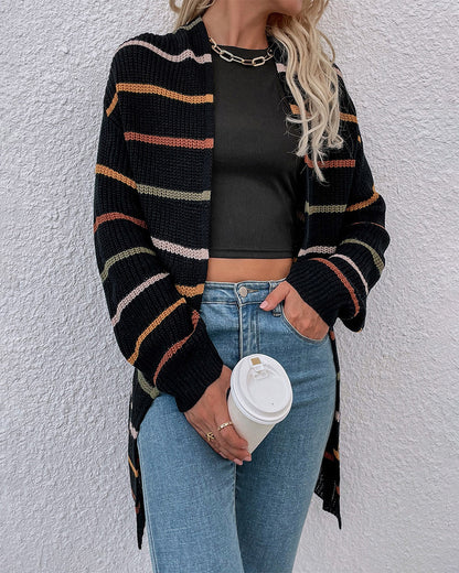 Stijlvol lang gestreept zwart gebreid gilet met losse schouders voor dames | Ideaal voor herfst/winter