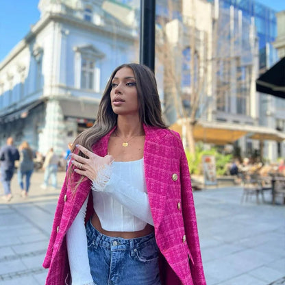 Trendy halflange roze tweed blazer met zakken voor dames | Ideaal voor alle seizoenen