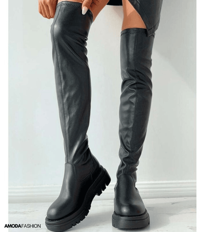 Zwarte leren winterlaarzen met grove zool elegant