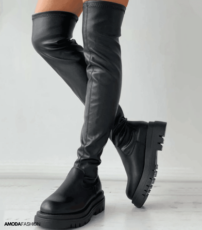 Zwarte leren winterlaarzen met grove zool elegant